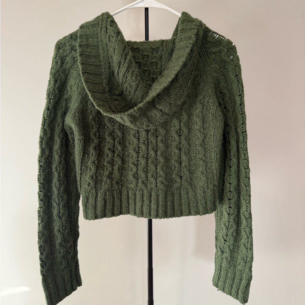 Free People Dark Green Cable Knit Cardigan Hooded Sweater Size XS - Picture 6 of 6